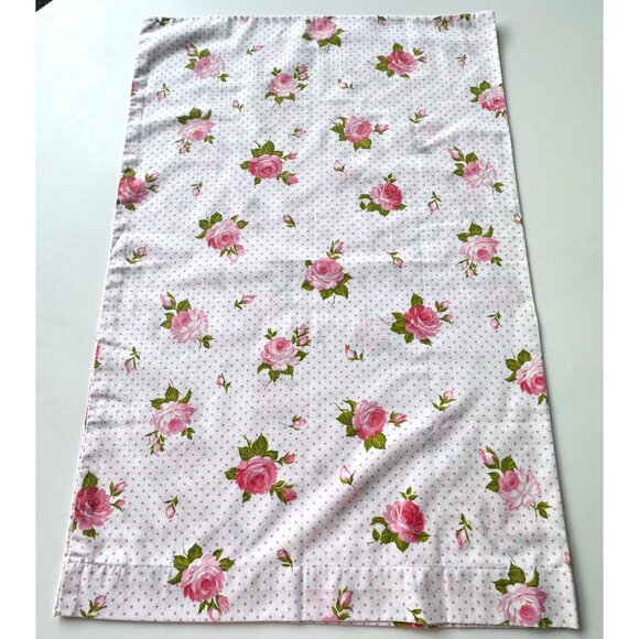 Vintage 70s pillowcase, pink floral, polka dots, cottage core, single casing - Picture 2 of 10